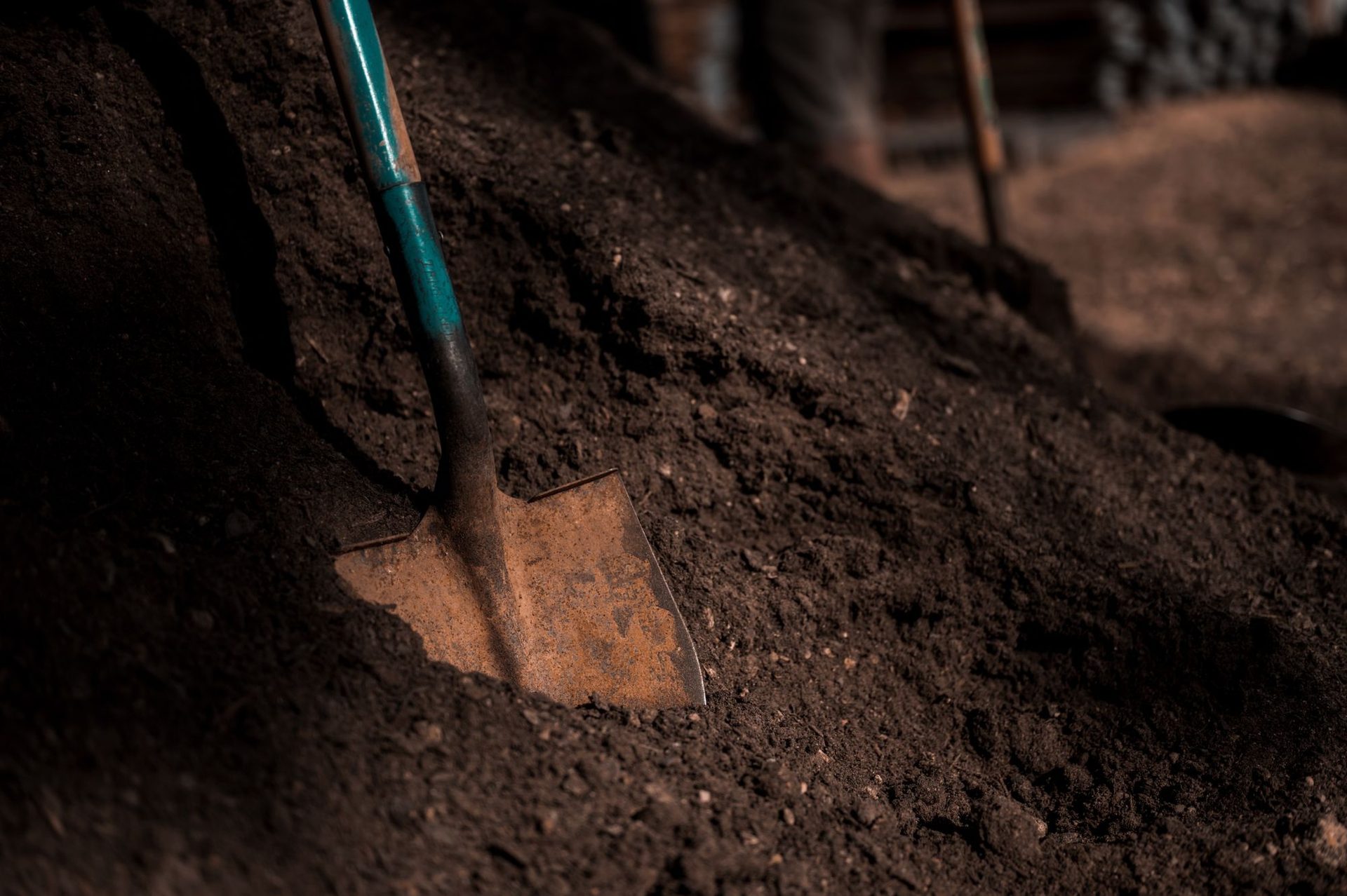 A shovel turning dark soil